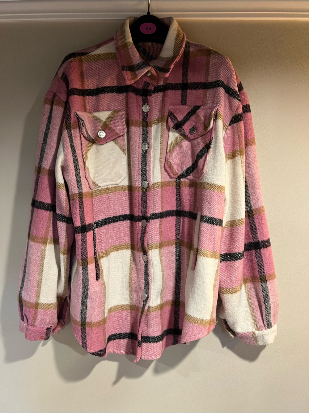 Pink Plaid Utility Shacket with Button Front